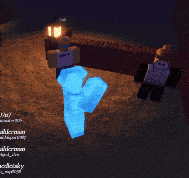 a group of roblox characters are standing in a dark room and one of them says the bluudane where are u builderman