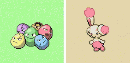 a pixel art of a bunch of balls and a pixel art of a bunny