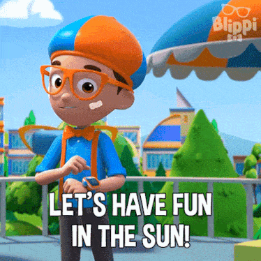 a cartoon character with a bandage on his face says let 's have fun in the sun