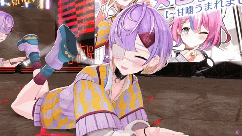 a girl with purple hair and a bandage on her eye is laying on the floor