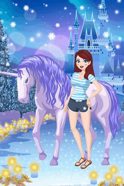 a girl is standing next to a purple unicorn in front of a castle