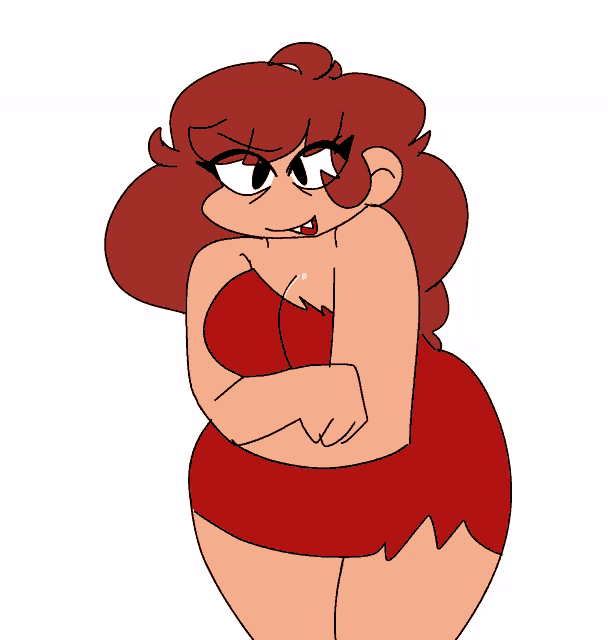 a cartoon drawing of a woman with red hair and arms crossed