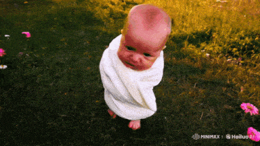 a baby wrapped in a white blanket is standing in a field
