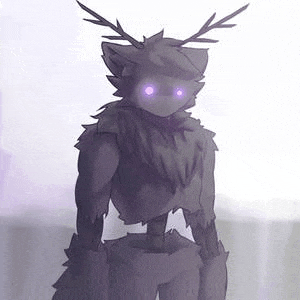 a drawing of a furry with antlers and purple eyes standing on a white background .