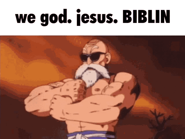 a cartoon of a man with a beard and sunglasses with the words we god jesus biblin below him