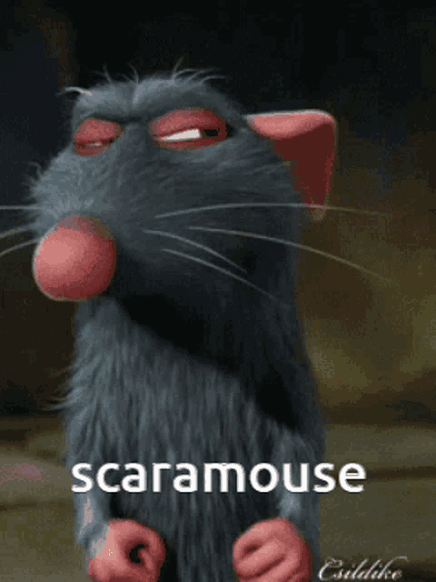 a cartoon rat with the word scaramouse written on it