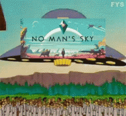 a sign that says no man 's sky is flying over a crowd of people