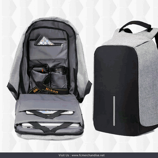 a gray and black backpack with a nikon strap