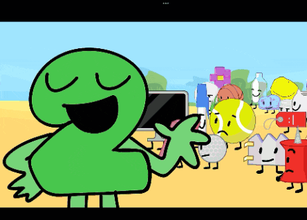 a green cartoon character is standing in front of a group of objects including a tennis ball
