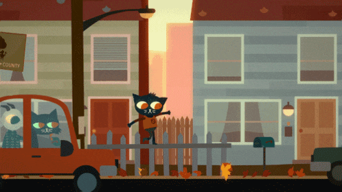 a cartoon drawing of a cat standing in front of a fence with a sign that says ' county ' on it