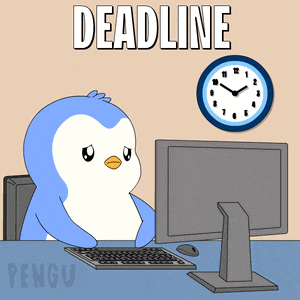 a cartoon of a penguin sitting at a desk with a computer and a clock behind it that says deadline