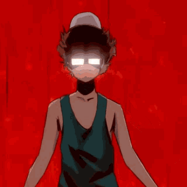 a white silhouette of a person with a hat on against a red background