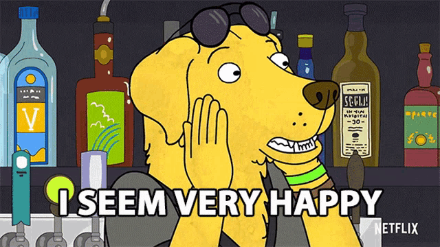 a cartoon dog says i seem very happy in front of a bar