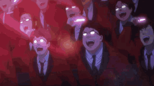 a group of people in suits and ties are screaming and holding glowing sticks in their hands