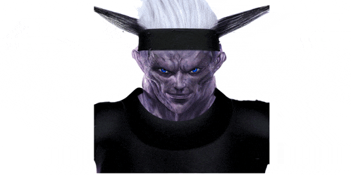 a man with purple hair and blue eyes is wearing a headband