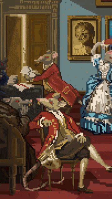 a pixel art drawing of a man sitting on a chair surrounded by mice