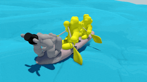 a stuffed bunny wearing a top hat is standing on a yellow object in the water