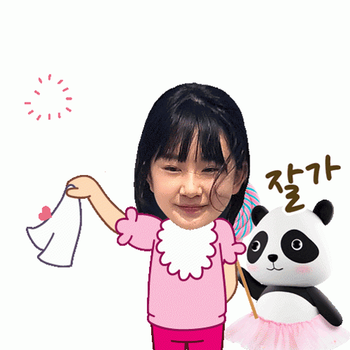 a girl holding a piece of paper next to a panda
