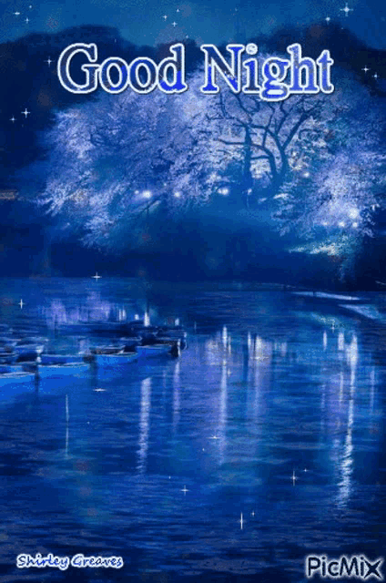 a picture of a lake at night with the words good night