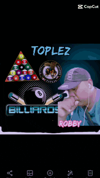 a poster for toplez billiards features a man blowing a cue