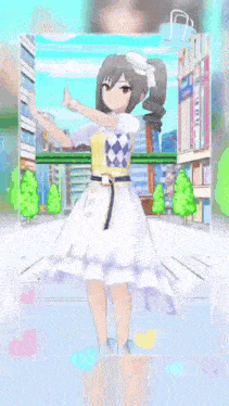 a cartoon girl in a white dress is standing in front of a city street .