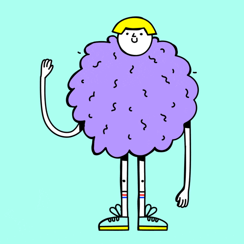 a cartoon drawing of a person with purple hair and a yellow haircut