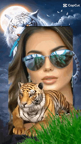 a woman wearing sunglasses is surrounded by a tiger and another tiger