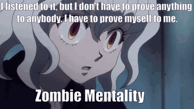 a picture of a girl with the words " zombie mentality " on it
