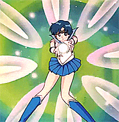 a cartoon of a girl in a blue skirt holding a lightning bolt