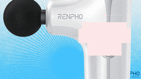 a white renpho massage gun with a blue background