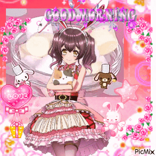 a picture of a girl with bunny ears and the words " good morning "