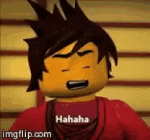 a ninjago character is laughing with his eyes closed and his mouth open .
