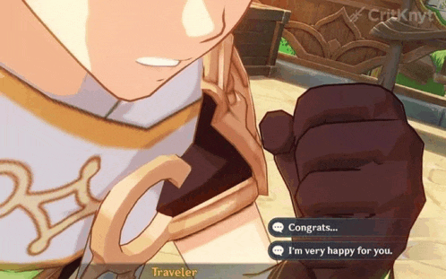 a video game character named traveler says congrats i 'm very happy for you