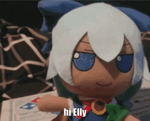 a stuffed doll with white hair and blue eyes says hi elly on its face