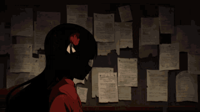 two anime girls are standing next to each other in front of a wall of papers