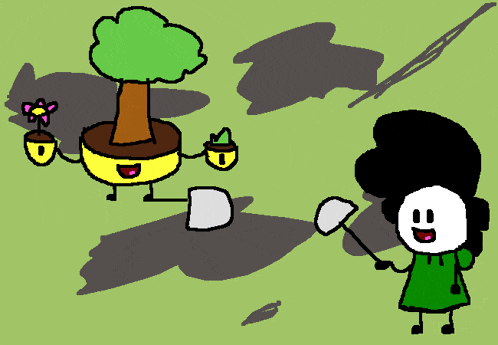 a cartoon drawing of a person holding a butterfly net and a tree