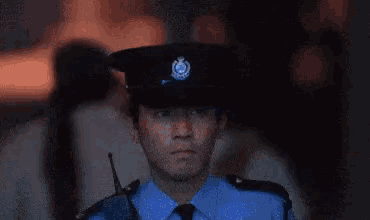 a close up of a police officer wearing a blue uniform and a black hat .