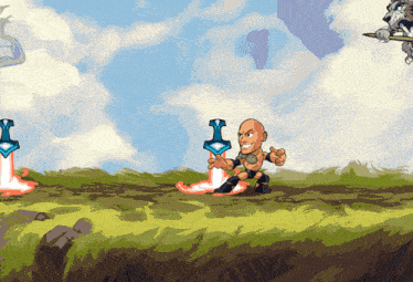 a cartoon of a bald man holding a sword in a field