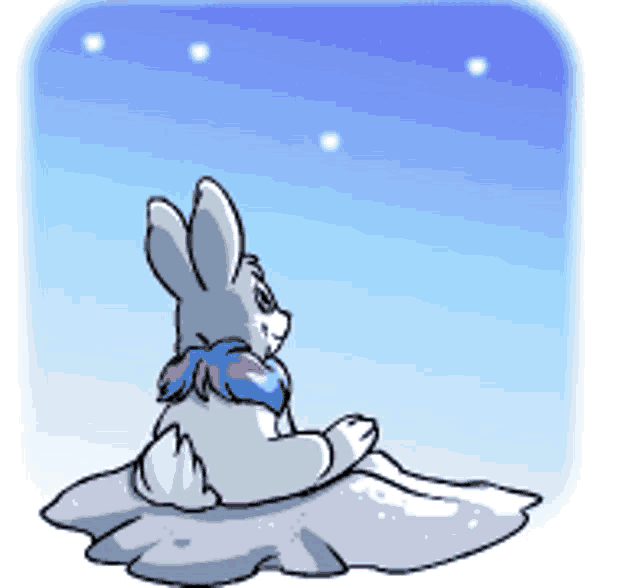 a cartoon rabbit is sitting on a snowy surface looking up at the stars