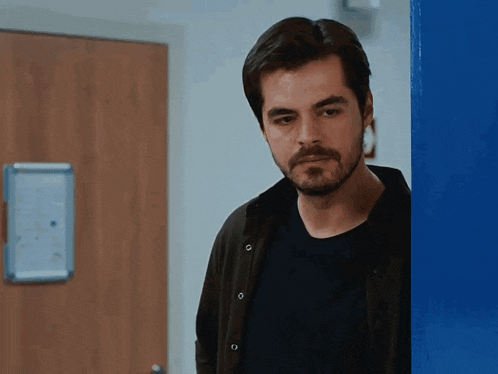 a man with a beard stands in front of a blue door