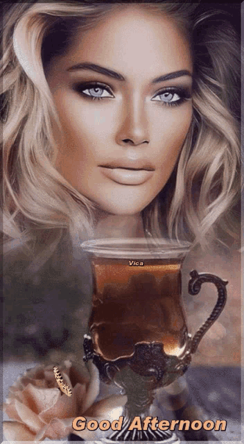 a picture of a woman with a cup of coffee and the words good afternoon below her