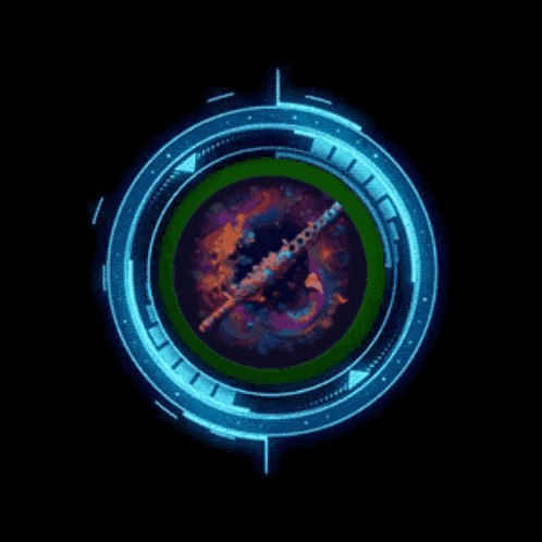 a blue and red circle with a sword in the center