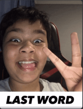 a young boy giving a peace sign with the words last word behind him