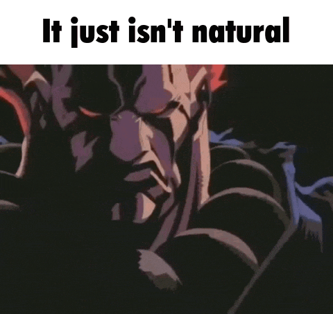 a picture of a man with red eyes and the words " it just isn 't natural "