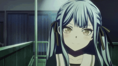 a close up of a girl with blue hair and pigtails