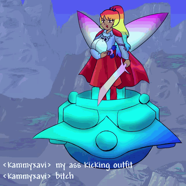 a drawing of a fairy with a sword and the words kammyxavi my ass kicking outfit