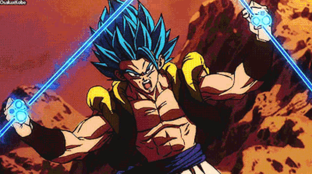 a cartoon of a man with blue hair is holding two blue lightsabers