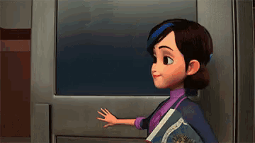 a cartoon girl is standing in front of a television and waving at it .