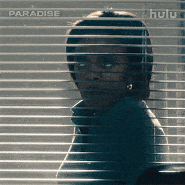 a woman is looking through a window with blinds and the words paradise on the bottom right