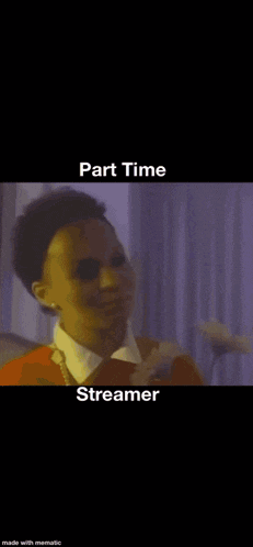 a man is singing into a microphone with the words `` part time streamer '' written above him .